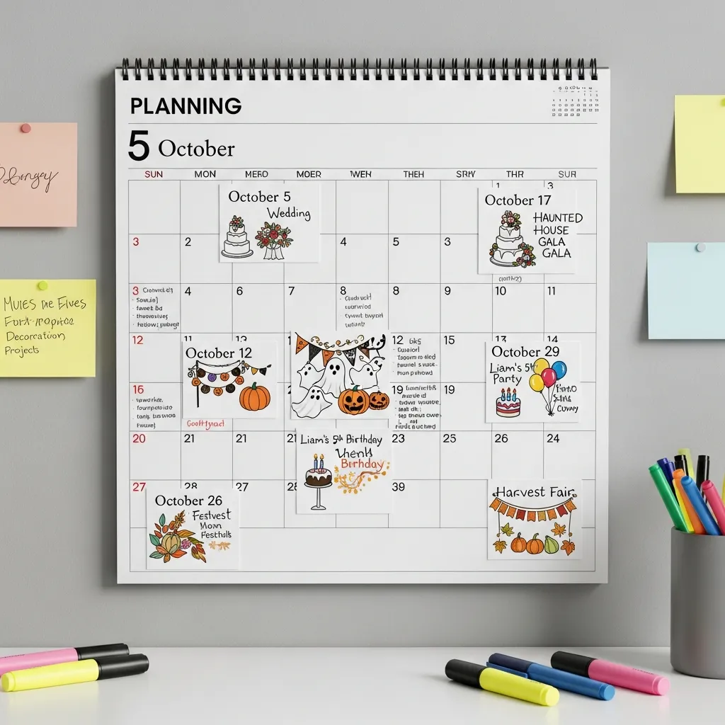 Planning calendar with event decoration projects marked